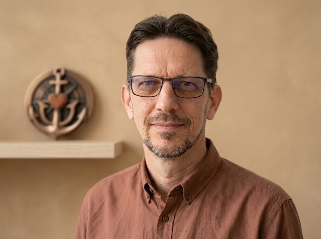 Michael Seidl in seiner Werkstatt, im Regal hinter ihm das ANKYR-Zeichen als Bronzemedaillon
