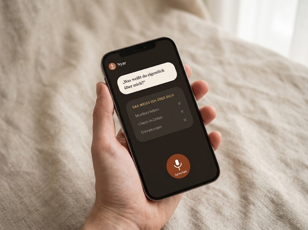 Eine Hand hält das Telefon, die Nyar-App zeigt die Liste ‚Das weiß ich über dich‘ mit löschbaren Einträgen.
