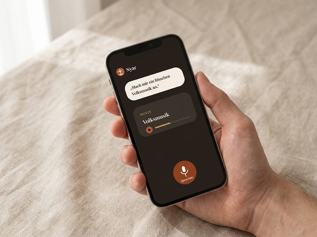Eine Hand hält das Telefon, die Nyar-App spielt Volksmusik ab.